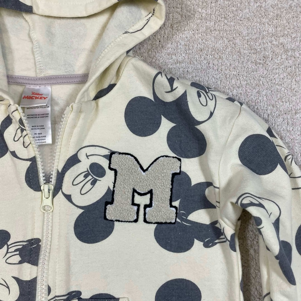 Disney Mickey Mouse Kids 3T Cream Zip Up Hoodie All Over Print Chenille Patch - Picture 4 of 7